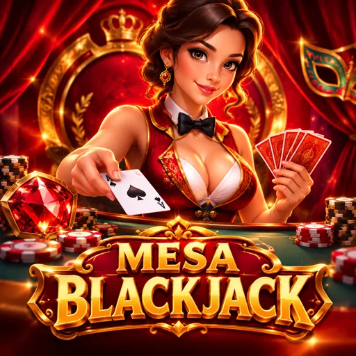Mesa de blackjack com fichas empilhadas e cartas abertas